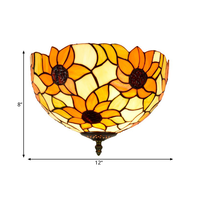 Stained Glass Sunflower Ceiling Fixture Tiffany 2/3 Lights Yellow and Green Flushmount Ceiling Lamp, 12"/16" W Clearhalo 'Ceiling Lights' 'Close To Ceiling Lights' 'Close to ceiling' 'Flush mount' Lighting' 295926