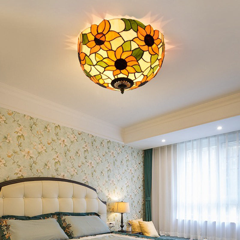 Stained Glass Sunflower Ceiling Fixture Tiffany 2/3 Lights Yellow and Green Flushmount Ceiling Lamp, 12"/16" W Yellow-Green 16" Clearhalo 'Ceiling Lights' 'Close To Ceiling Lights' 'Close to ceiling' 'Flush mount' Lighting' 295927