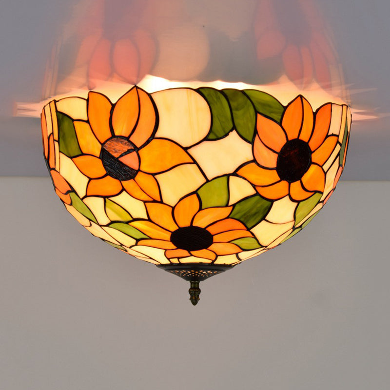 Stained Glass Sunflower Ceiling Fixture Tiffany 2/3 Lights Yellow and Green Flushmount Ceiling Lamp, 12"/16" W Clearhalo 'Ceiling Lights' 'Close To Ceiling Lights' 'Close to ceiling' 'Flush mount' Lighting' 295928