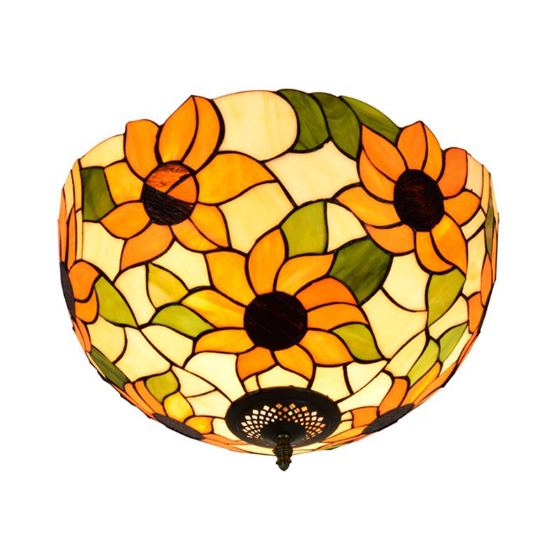 Stained Glass Sunflower Ceiling Fixture Tiffany 2/3 Lights Yellow and Green Flushmount Ceiling Lamp, 12"/16" W Clearhalo 'Ceiling Lights' 'Close To Ceiling Lights' 'Close to ceiling' 'Flush mount' Lighting' 295929