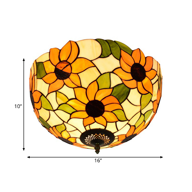 Stained Glass Sunflower Ceiling Fixture Tiffany 2/3 Lights Yellow and Green Flushmount Ceiling Lamp, 12"/16" W Clearhalo 'Ceiling Lights' 'Close To Ceiling Lights' 'Close to ceiling' 'Flush mount' Lighting' 295930