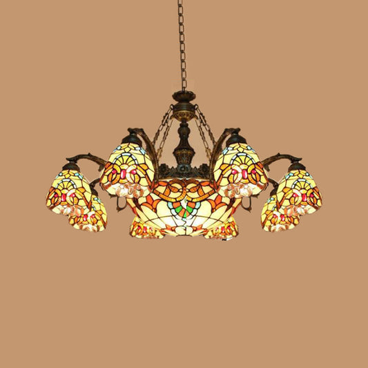 8/11 Lights Living Room Ceiling Chandelier Mediterranean Brown Pendant Lamp with Flower Stained Glass Shade 8 Brown Clearhalo 'Ceiling Lights' 'Chandeliers' 'Industrial' 'Middle Century Chandeliers' 'Tiffany Chandeliers' 'Tiffany close to ceiling' 'Tiffany' Lighting' 295936