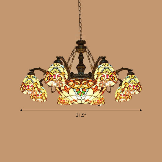 8/11 Lights Living Room Ceiling Chandelier Mediterranean Brown Pendant Lamp with Flower Stained Glass Shade Clearhalo 'Ceiling Lights' 'Chandeliers' 'Industrial' 'Middle Century Chandeliers' 'Tiffany Chandeliers' 'Tiffany close to ceiling' 'Tiffany' Lighting' 295937