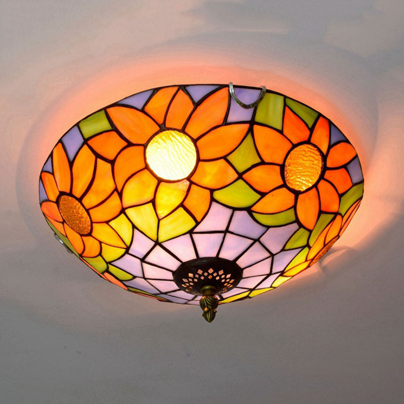 Blue/White Sunflower Lighting Fixture Tiffany 2/3 Bulbs 12"/16" W Multicolored Stained Glass Flush Mount Ceiling Light Clearhalo 'Ceiling Lights' 'Close To Ceiling Lights' 'Close to ceiling' 'Flush mount' Lighting' 295939