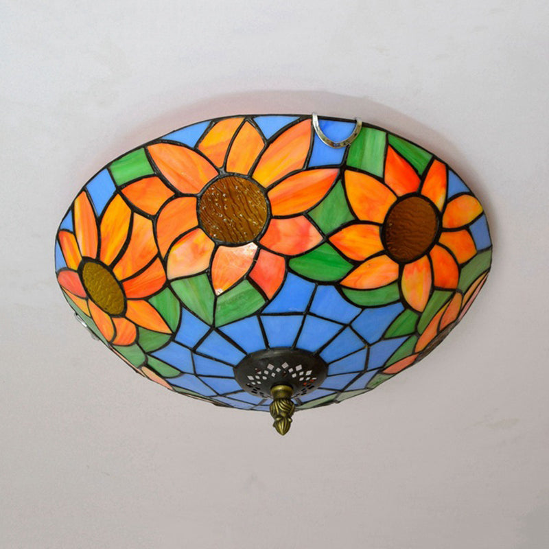 Blue/White Sunflower Lighting Fixture Tiffany 2/3 Bulbs 12"/16" W Multicolored Stained Glass Flush Mount Ceiling Light Clearhalo 'Ceiling Lights' 'Close To Ceiling Lights' 'Close to ceiling' 'Flush mount' Lighting' 295940