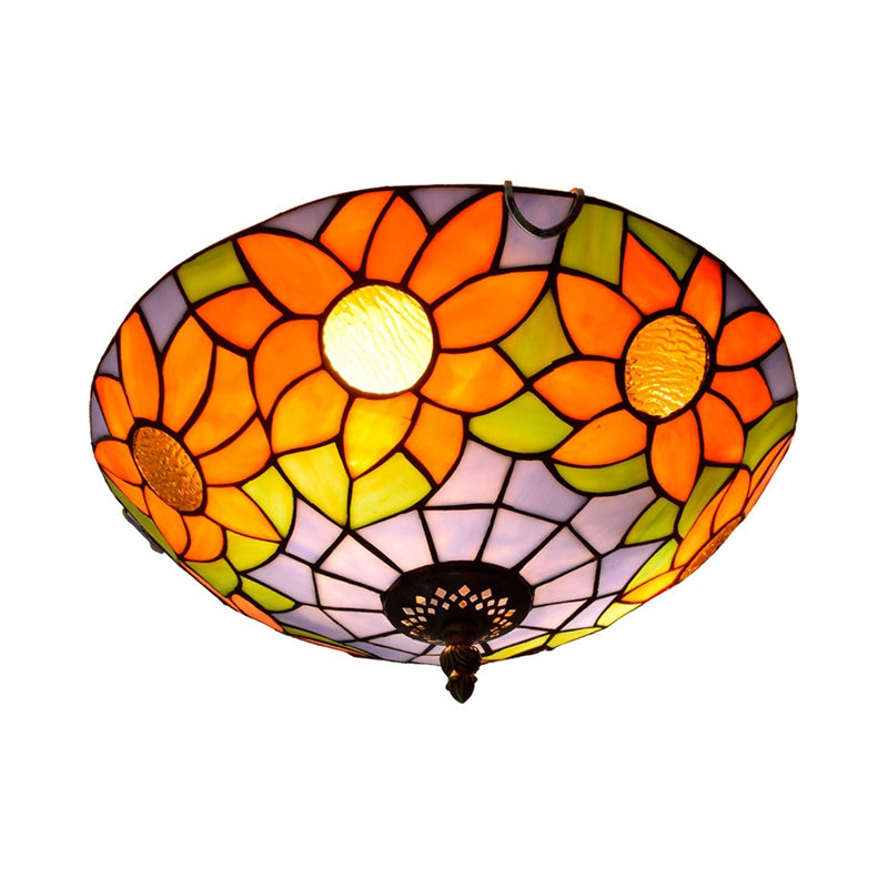 Blue/White Sunflower Lighting Fixture Tiffany 2/3 Bulbs 12"/16" W Multicolored Stained Glass Flush Mount Ceiling Light Clearhalo 'Ceiling Lights' 'Close To Ceiling Lights' 'Close to ceiling' 'Flush mount' Lighting' 295941