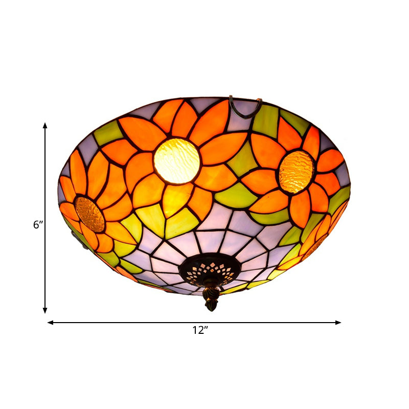 Blue/White Sunflower Lighting Fixture Tiffany 2/3 Bulbs 12"/16" W Multicolored Stained Glass Flush Mount Ceiling Light Clearhalo 'Ceiling Lights' 'Close To Ceiling Lights' 'Close to ceiling' 'Flush mount' Lighting' 295942