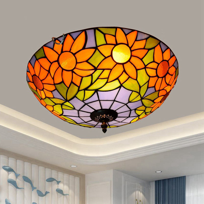 Blue/White Sunflower Lighting Fixture Tiffany 2/3 Bulbs 12"/16" W Multicolored Stained Glass Flush Mount Ceiling Light Blue 16" Clearhalo 'Ceiling Lights' 'Close To Ceiling Lights' 'Close to ceiling' 'Flush mount' Lighting' 295943