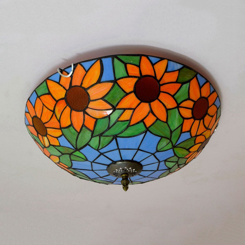 Blue/White Sunflower Lighting Fixture Tiffany 2/3 Bulbs 12"/16" W Multicolored Stained Glass Flush Mount Ceiling Light Clearhalo 'Ceiling Lights' 'Close To Ceiling Lights' 'Close to ceiling' 'Flush mount' Lighting' 295944