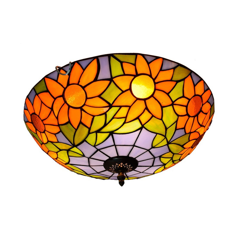 Blue/White Sunflower Lighting Fixture Tiffany 2/3 Bulbs 12"/16" W Multicolored Stained Glass Flush Mount Ceiling Light Clearhalo 'Ceiling Lights' 'Close To Ceiling Lights' 'Close to ceiling' 'Flush mount' Lighting' 295945