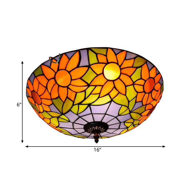 Blue/White Sunflower Lighting Fixture Tiffany 2/3 Bulbs 12"/16" W Multicolored Stained Glass Flush Mount Ceiling Light Clearhalo 'Ceiling Lights' 'Close To Ceiling Lights' 'Close to ceiling' 'Flush mount' Lighting' 295946