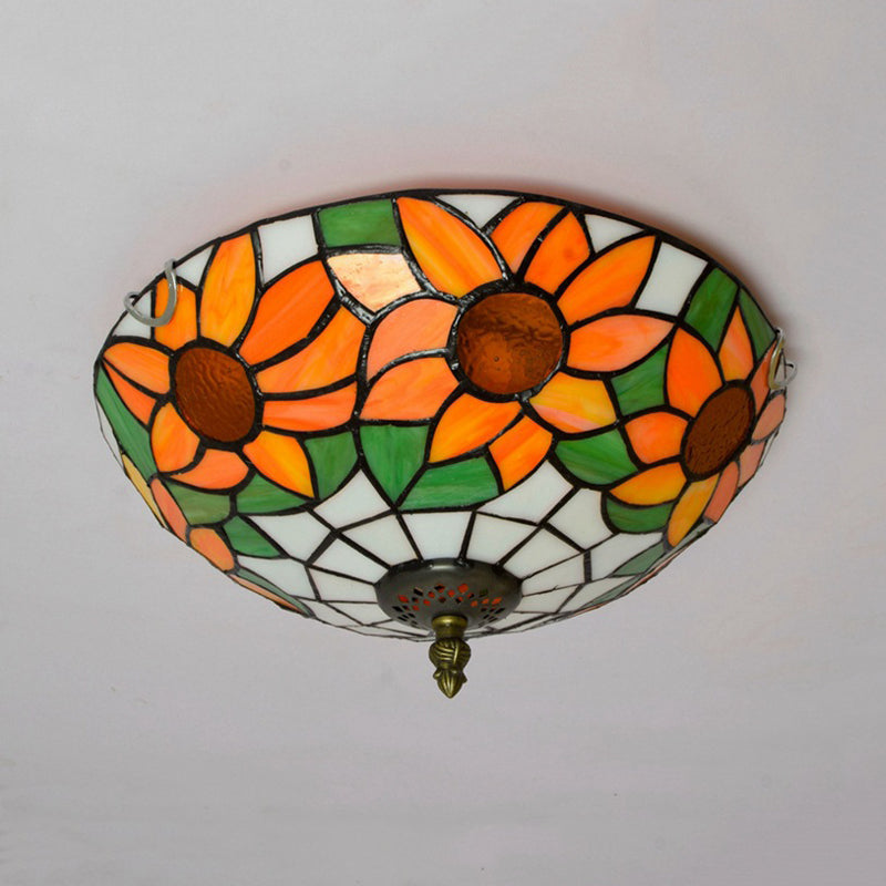 Blue/White Sunflower Lighting Fixture Tiffany 2/3 Bulbs 12"/16" W Multicolored Stained Glass Flush Mount Ceiling Light Clearhalo 'Ceiling Lights' 'Close To Ceiling Lights' 'Close to ceiling' 'Flush mount' Lighting' 295948