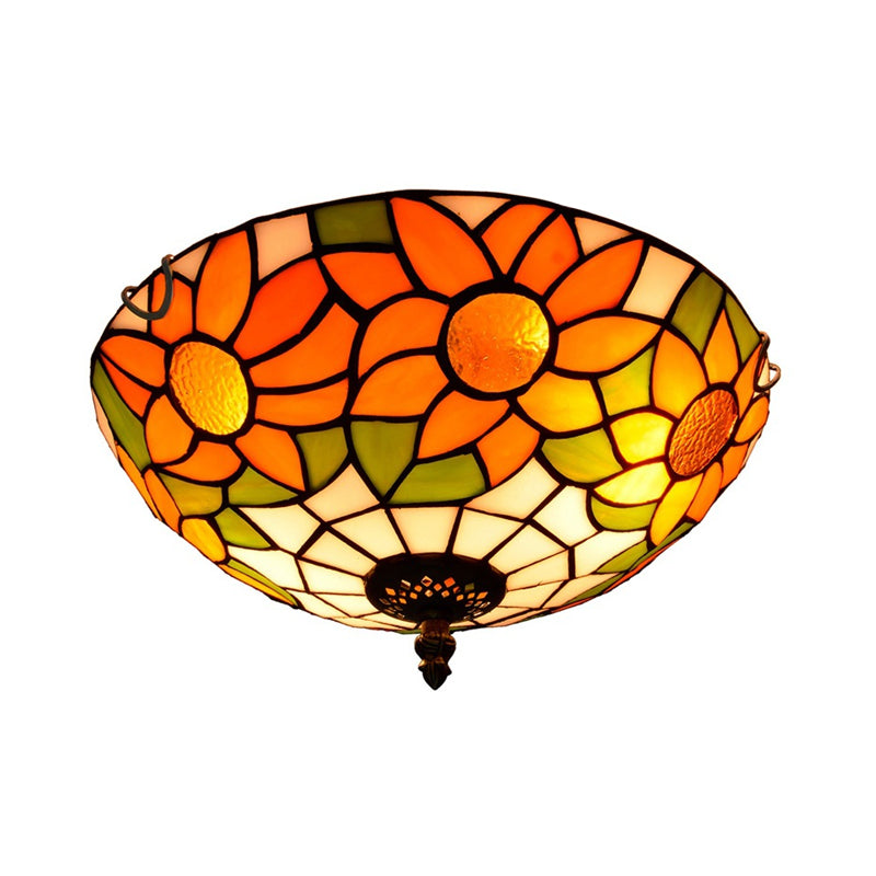 Blue/White Sunflower Lighting Fixture Tiffany 2/3 Bulbs 12"/16" W Multicolored Stained Glass Flush Mount Ceiling Light Clearhalo 'Ceiling Lights' 'Close To Ceiling Lights' 'Close to ceiling' 'Flush mount' Lighting' 295949