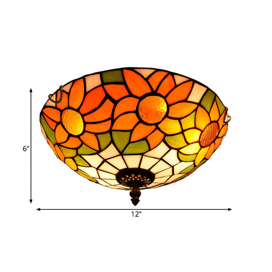 Blue/White Sunflower Lighting Fixture Tiffany 2/3 Bulbs 12"/16" W Multicolored Stained Glass Flush Mount Ceiling Light Clearhalo 'Ceiling Lights' 'Close To Ceiling Lights' 'Close to ceiling' 'Flush mount' Lighting' 295950