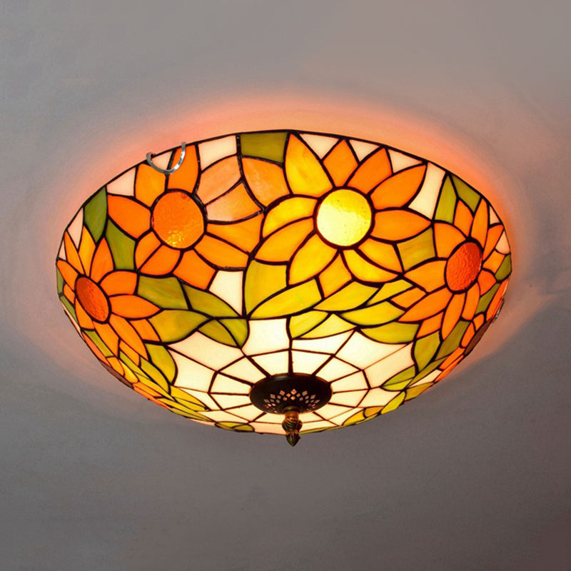 Blue/White Sunflower Lighting Fixture Tiffany 2/3 Bulbs 12"/16" W Multicolored Stained Glass Flush Mount Ceiling Light Clearhalo 'Ceiling Lights' 'Close To Ceiling Lights' 'Close to ceiling' 'Flush mount' Lighting' 295952