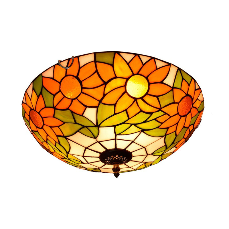 Blue/White Sunflower Lighting Fixture Tiffany 2/3 Bulbs 12"/16" W Multicolored Stained Glass Flush Mount Ceiling Light Clearhalo 'Ceiling Lights' 'Close To Ceiling Lights' 'Close to ceiling' 'Flush mount' Lighting' 295953