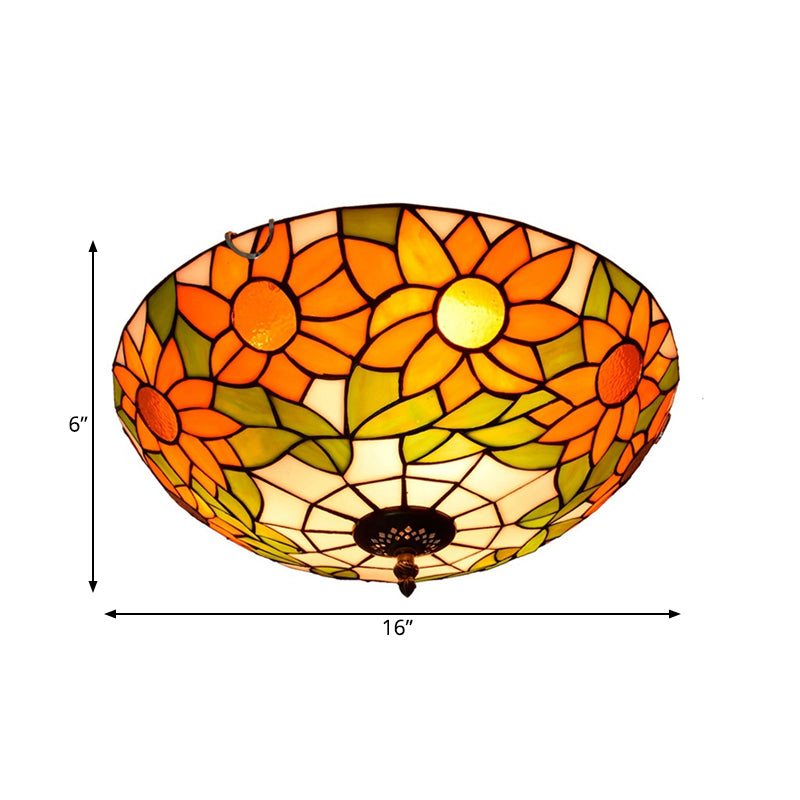 Blue/White Sunflower Lighting Fixture Tiffany 2/3 Bulbs 12"/16" W Multicolored Stained Glass Flush Mount Ceiling Light Clearhalo 'Ceiling Lights' 'Close To Ceiling Lights' 'Close to ceiling' 'Flush mount' Lighting' 295954