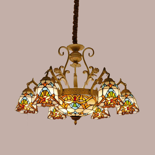 Flower Chandelier Light Tiffany Stained Glass 9/11 Lights White and Gold Suspension Lighting Clearhalo 'Ceiling Lights' 'Chandeliers' 'Industrial' 'Middle Century Chandeliers' 'Tiffany Chandeliers' 'Tiffany close to ceiling' 'Tiffany' Lighting' 295967