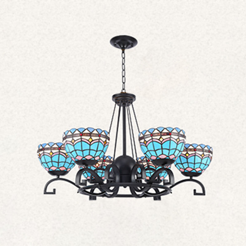 Dome Hanging Chandelier 3/6/8 Lights Blue/Blue and Clear Glass Baroque Ceiling Pendant for Living Room, 25"/29"/36.5" W Blue 29" Clearhalo 'Ceiling Lights' 'Chandeliers' 'Industrial' 'Middle Century Chandeliers' 'Tiffany Chandeliers' 'Tiffany close to ceiling' 'Tiffany' Lighting' 295987