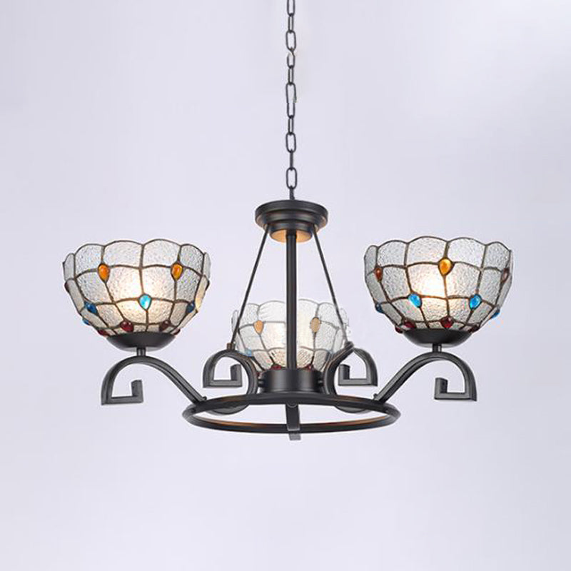 Tiffany Gem/Pearl/Magnolia Chandelier Light 3/6/8 Lights Frosted Glass Suspension Lighting Fixture in Black, 25"/29"/36.5" W Black 25" Pearl Clearhalo 'Ceiling Lights' 'Chandeliers' 'Industrial' 'Middle Century Chandeliers' 'Tiffany Chandeliers' 'Tiffany close to ceiling' 'Tiffany' Lighting' 296019