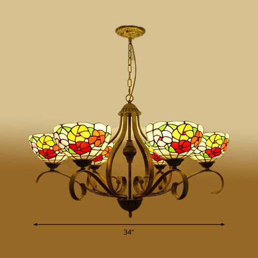 Flower Stained Glass Ceiling Chandelier Mediterranean 3/6/8 Lights Antique Brass Hanging Pendant Clearhalo 'Ceiling Lights' 'Chandeliers' 'Industrial' 'Middle Century Chandeliers' 'Tiffany Chandeliers' 'Tiffany close to ceiling' 'Tiffany' Lighting' 296069