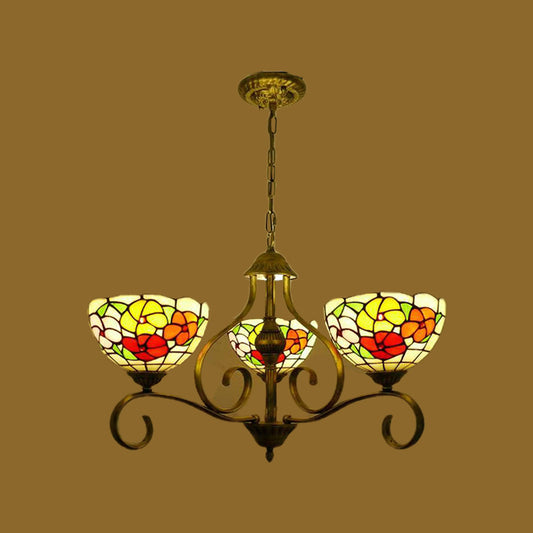 Flower Stained Glass Ceiling Chandelier Mediterranean 3/6/8 Lights Antique Brass Hanging Pendant 3 Antique Brass Clearhalo 'Ceiling Lights' 'Chandeliers' 'Industrial' 'Middle Century Chandeliers' 'Tiffany Chandeliers' 'Tiffany close to ceiling' 'Tiffany' Lighting' 296072