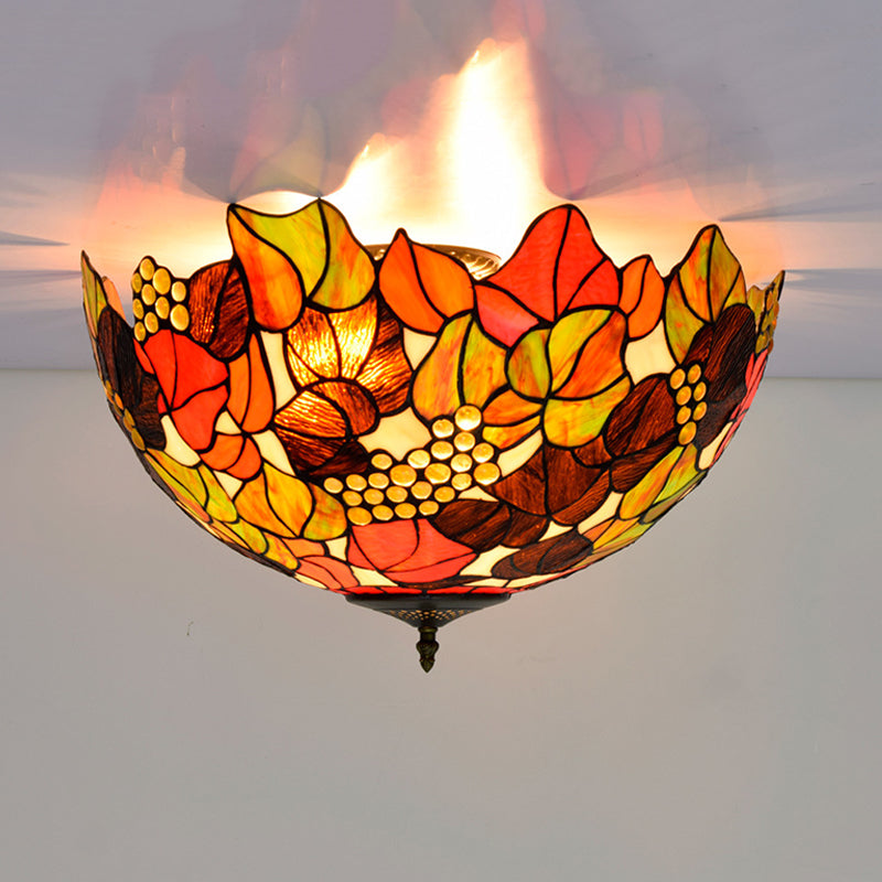 Tiffany Rose/Grape Flush Mount Lamp 5 Bulbs Stained Glass Close to Ceiling Lighting Fixture in Bronze Clearhalo 'Ceiling Lights' 'Close To Ceiling Lights' 'Close to ceiling' 'Flush mount' Lighting' 296280