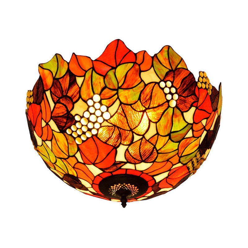 Tiffany Rose/Grape Flush Mount Lamp 5 Bulbs Stained Glass Close to Ceiling Lighting Fixture in Bronze Clearhalo 'Ceiling Lights' 'Close To Ceiling Lights' 'Close to ceiling' 'Flush mount' Lighting' 296282