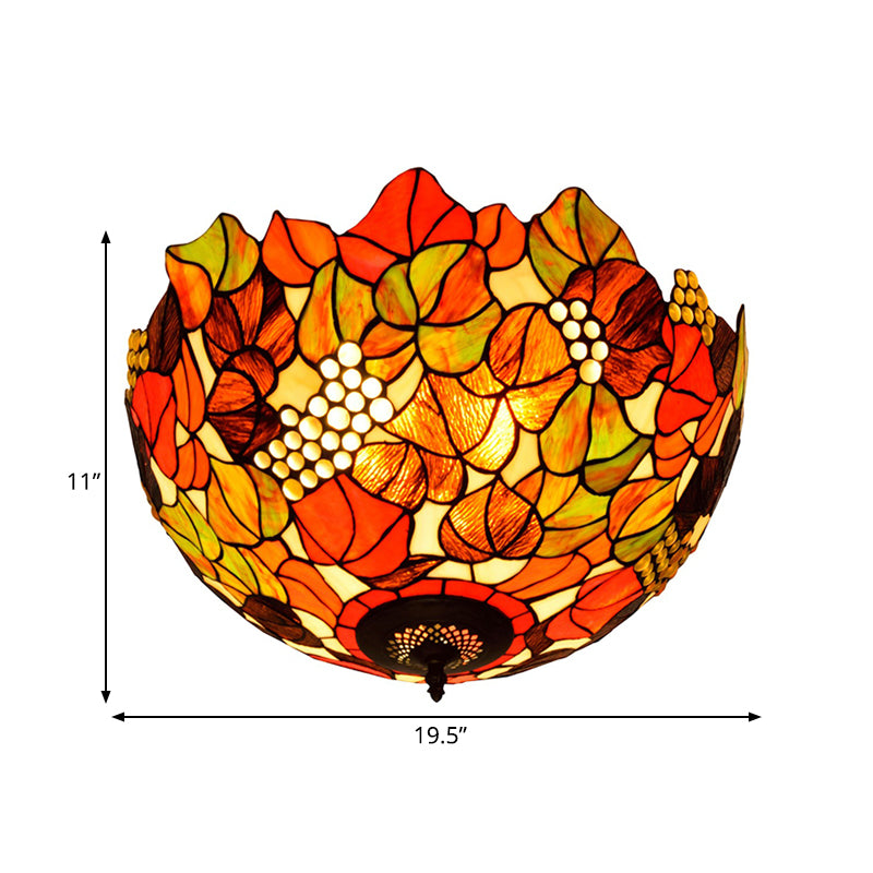 Tiffany Rose/Grape Flush Mount Lamp 5 Bulbs Stained Glass Close to Ceiling Lighting Fixture in Bronze Clearhalo 'Ceiling Lights' 'Close To Ceiling Lights' 'Close to ceiling' 'Flush mount' Lighting' 296283