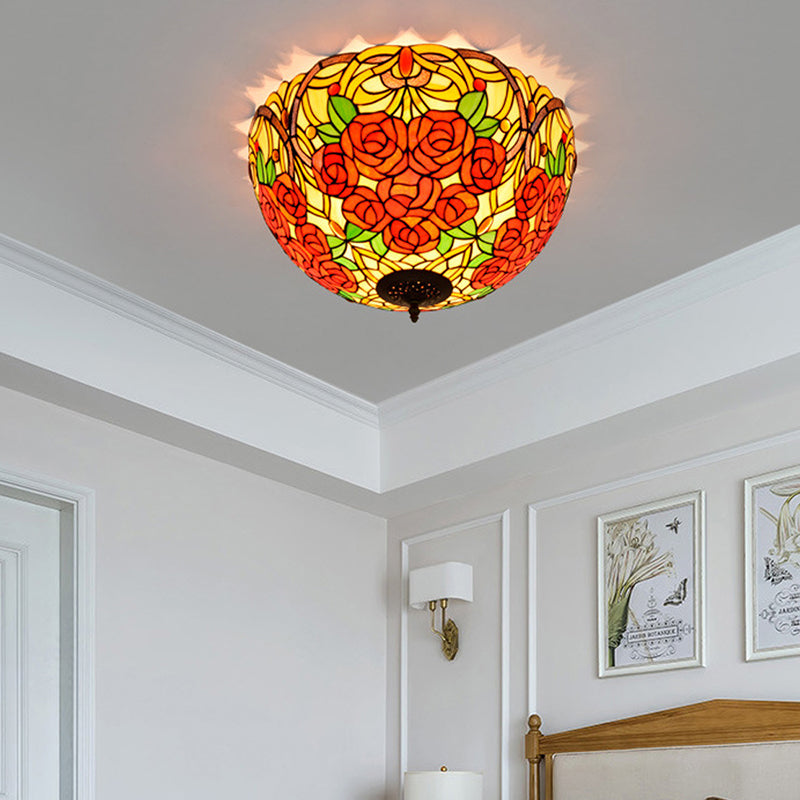 Tiffany Rose/Grape Flush Mount Lamp 5 Bulbs Stained Glass Close to Ceiling Lighting Fixture in Bronze Bronze Rose Clearhalo 'Ceiling Lights' 'Close To Ceiling Lights' 'Close to ceiling' 'Flush mount' Lighting' 296284