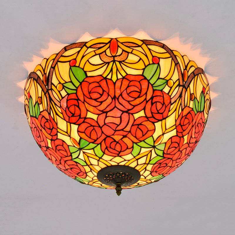 Tiffany Rose/Grape Flush Mount Lamp 5 Bulbs Stained Glass Close to Ceiling Lighting Fixture in Bronze Clearhalo 'Ceiling Lights' 'Close To Ceiling Lights' 'Close to ceiling' 'Flush mount' Lighting' 296285