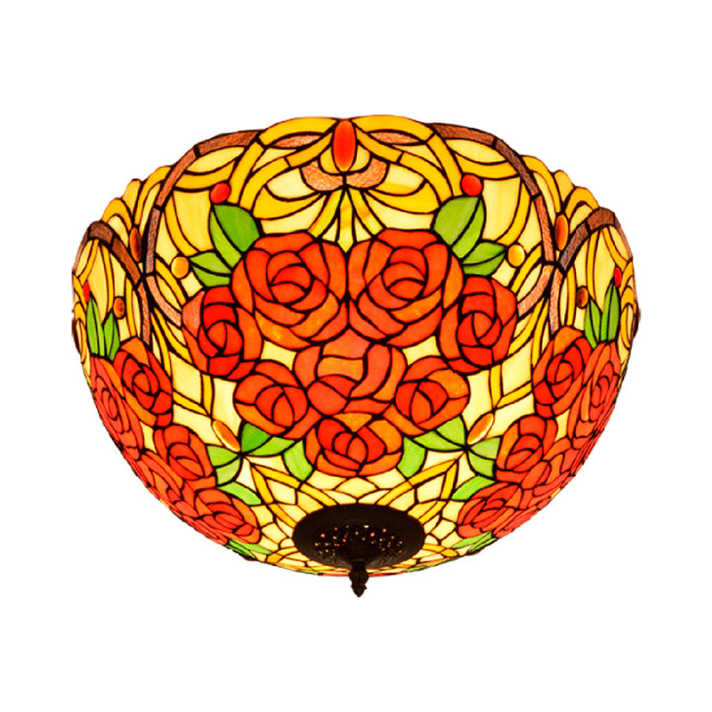 Tiffany Rose/Grape Flush Mount Lamp 5 Bulbs Stained Glass Close to Ceiling Lighting Fixture in Bronze Clearhalo 'Ceiling Lights' 'Close To Ceiling Lights' 'Close to ceiling' 'Flush mount' Lighting' 296286