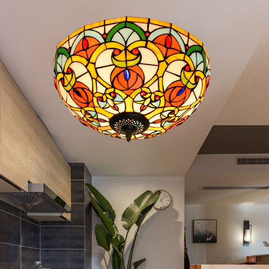 3 Lights Dome Ceiling Lamp Baroque Bronze Stained Glass Flush Mount Lighting for Kitchen Bronze Clearhalo 'Ceiling Lights' 'Close To Ceiling Lights' 'Close to ceiling' 'Flush mount' Lighting' 296293