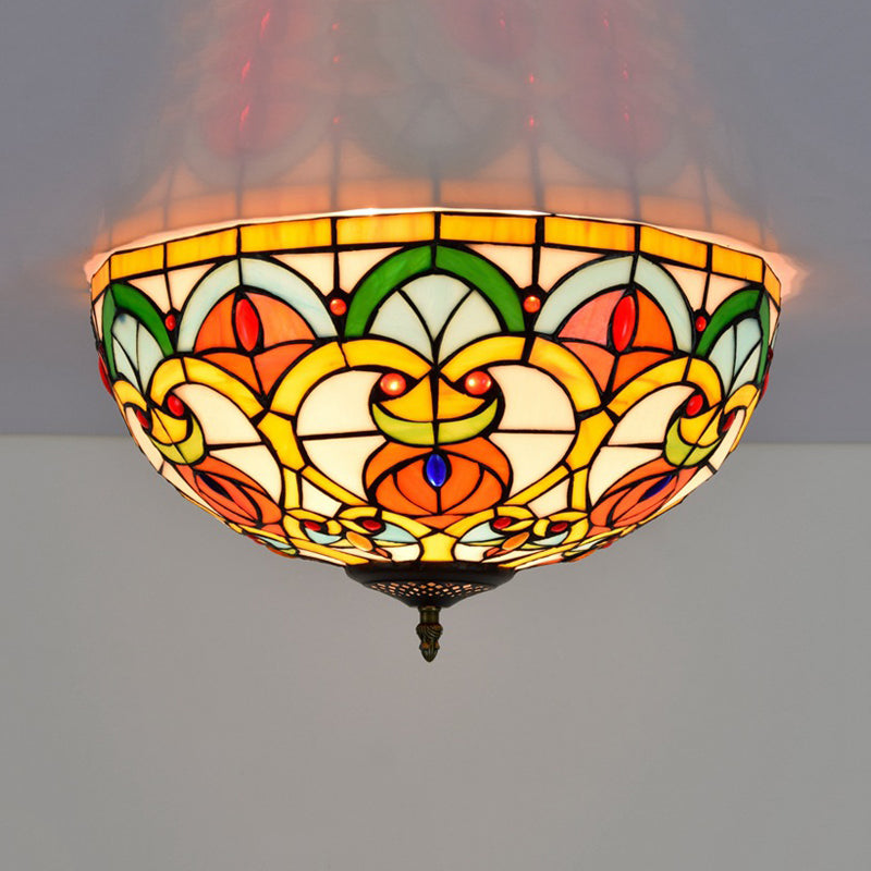 3 Lights Dome Ceiling Lamp Baroque Bronze Stained Glass Flush Mount Lighting for Kitchen Clearhalo 'Ceiling Lights' 'Close To Ceiling Lights' 'Close to ceiling' 'Flush mount' Lighting' 296294