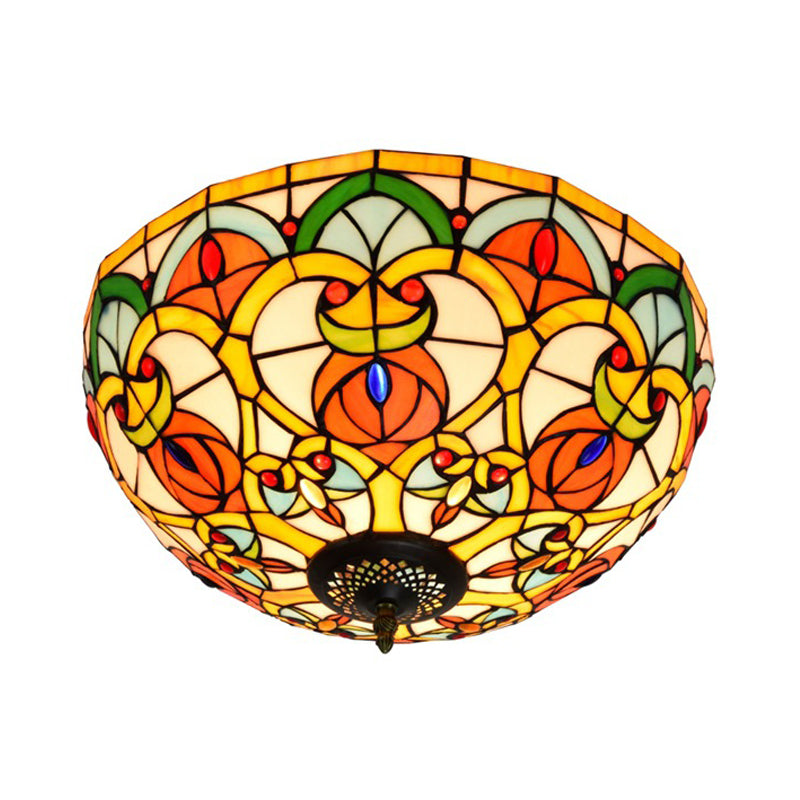 3 Lights Dome Ceiling Lamp Baroque Bronze Stained Glass Flush Mount Lighting for Kitchen Clearhalo 'Ceiling Lights' 'Close To Ceiling Lights' 'Close to ceiling' 'Flush mount' Lighting' 296295