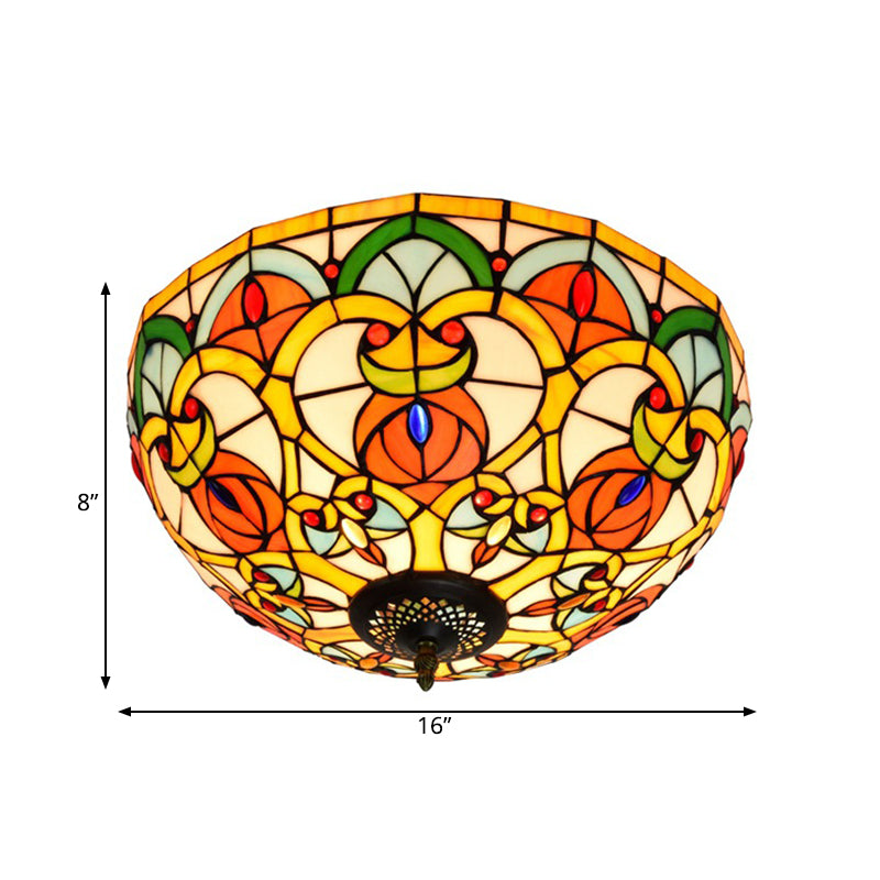 3 Lights Dome Ceiling Lamp Baroque Bronze Stained Glass Flush Mount Lighting for Kitchen Clearhalo 'Ceiling Lights' 'Close To Ceiling Lights' 'Close to ceiling' 'Flush mount' Lighting' 296296