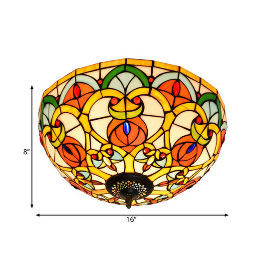 3 Lights Dome Ceiling Lamp Baroque Bronze Stained Glass Flush Mount Lighting for Kitchen Clearhalo 'Ceiling Lights' 'Close To Ceiling Lights' 'Close to ceiling' 'Flush mount' Lighting' 296296