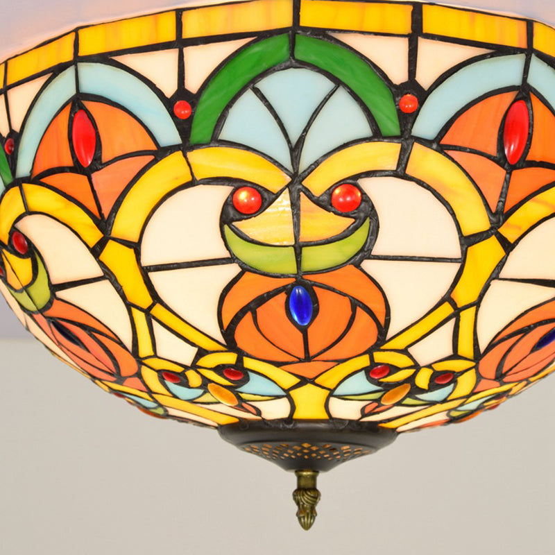 3 Lights Dome Ceiling Lamp Baroque Bronze Stained Glass Flush Mount Lighting for Kitchen Clearhalo 'Ceiling Lights' 'Close To Ceiling Lights' 'Close to ceiling' 'Flush mount' Lighting' 296297