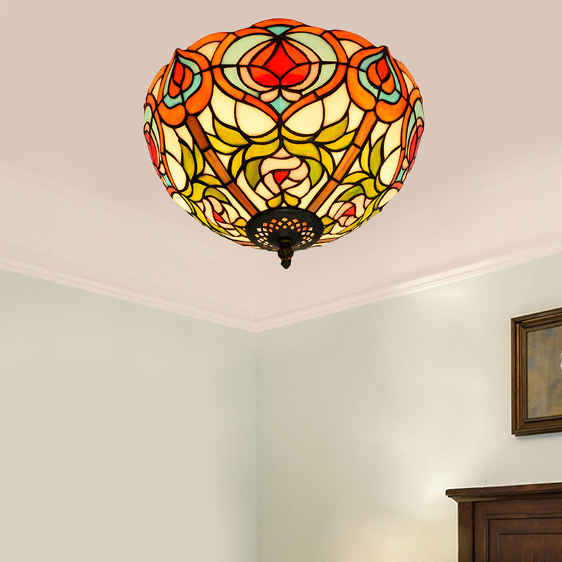 Bowl Cut Glass Ceiling Flush Mount Victorian 2/3/5 Heads White and Green Flush Mount Light Fixture, 12"/16"/19.5" Wide White-Green 12" Clearhalo 'Ceiling Lights' 'Close To Ceiling Lights' 'Close to ceiling' 'Flush mount' Lighting' 296310