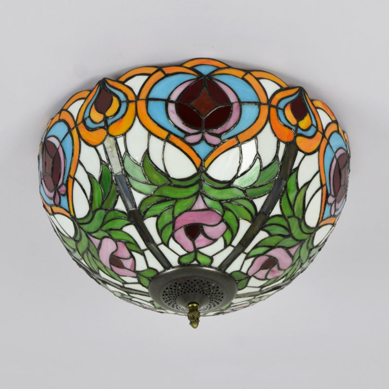 Bowl Cut Glass Ceiling Flush Mount Victorian 2/3/5 Heads White and Green Flush Mount Light Fixture, 12"/16"/19.5" Wide Clearhalo 'Ceiling Lights' 'Close To Ceiling Lights' 'Close to ceiling' 'Flush mount' Lighting' 296316