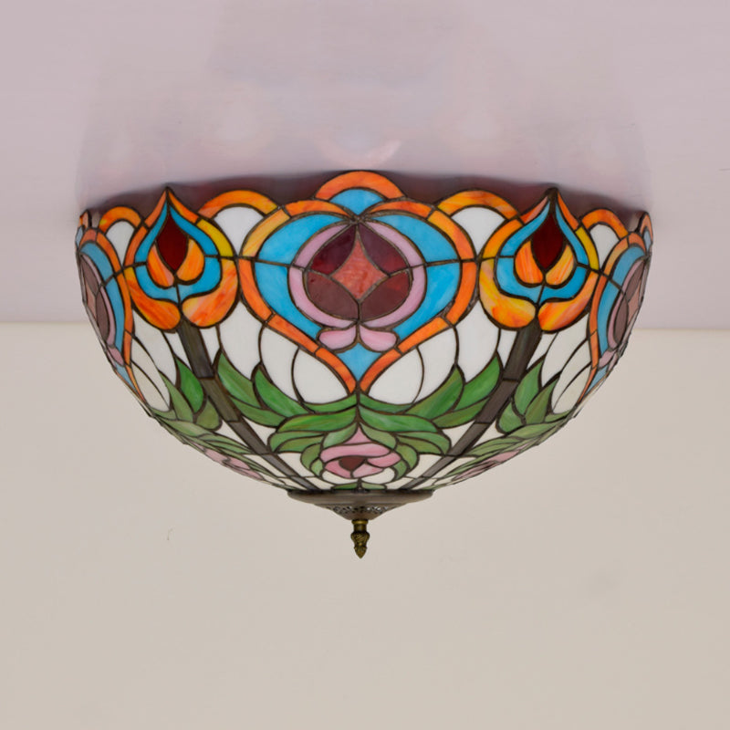 Bowl Cut Glass Ceiling Flush Mount Victorian 2/3/5 Heads White and Green Flush Mount Light Fixture, 12"/16"/19.5" Wide Clearhalo 'Ceiling Lights' 'Close To Ceiling Lights' 'Close to ceiling' 'Flush mount' Lighting' 296320