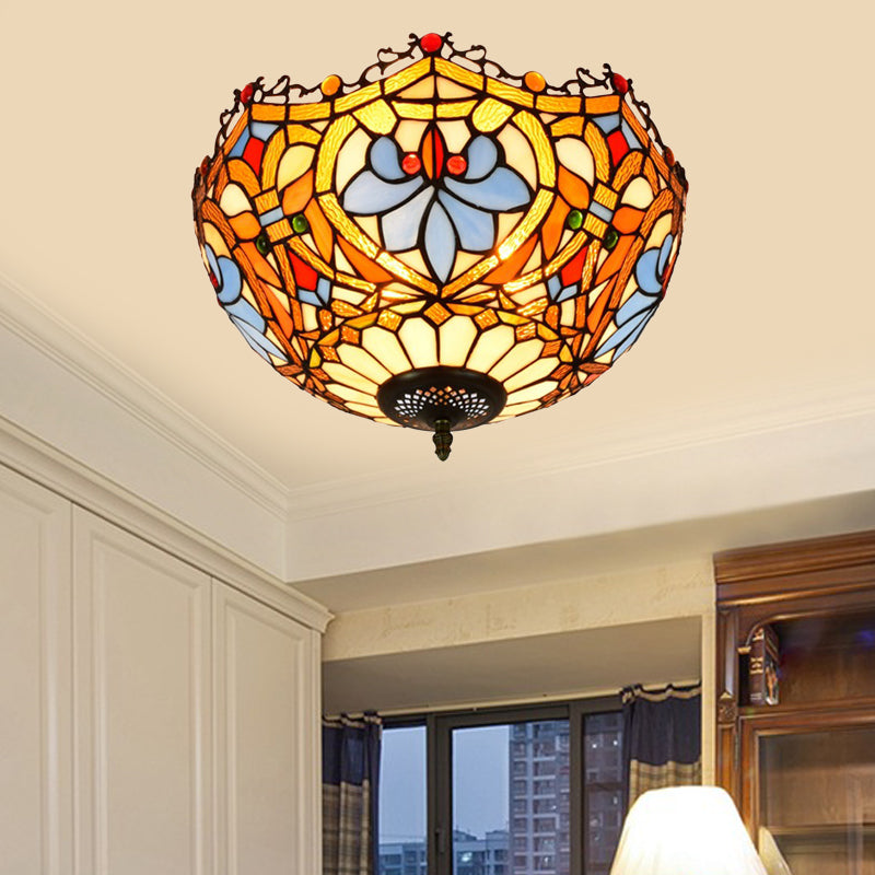 Hand Cut Glass Blue Ceiling Mount Scalloped 2/3 Lights Baroque Flush Mount Ceiling Light, 12"/16" Width Blue 16" Clearhalo 'Ceiling Lights' 'Close To Ceiling Lights' 'Close to ceiling' 'Flush mount' Lighting' 296323