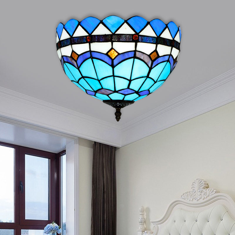 Blue 2/3 Bulbs Ceiling Mount Light Fixture Mediterranean Hand Rolled Art Glass Bowl Flush Mount Lighting, 12"/16" W Blue 12" Clearhalo 'Ceiling Lights' 'Close To Ceiling Lights' 'Close to ceiling' 'Flush mount' Lighting' 296354