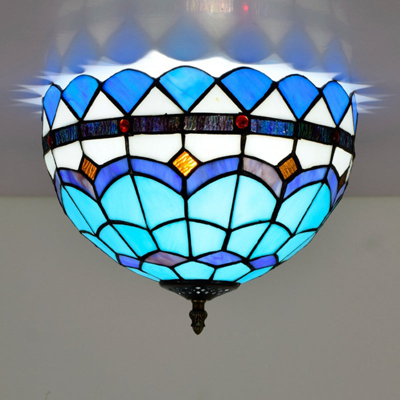 Blue 2/3 Bulbs Ceiling Mount Light Fixture Mediterranean Hand Rolled Art Glass Bowl Flush Mount Lighting, 12"/16" W Clearhalo 'Ceiling Lights' 'Close To Ceiling Lights' 'Close to ceiling' 'Flush mount' Lighting' 296355