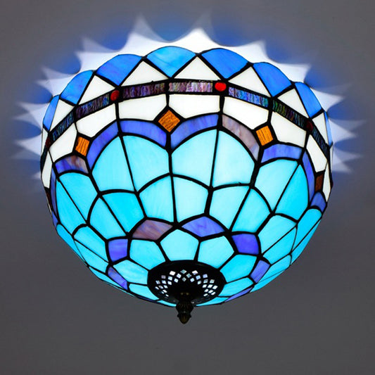 Blue 2/3 Bulbs Ceiling Mount Light Fixture Mediterranean Hand Rolled Art Glass Bowl Flush Mount Lighting, 12"/16" W Clearhalo 'Ceiling Lights' 'Close To Ceiling Lights' 'Close to ceiling' 'Flush mount' Lighting' 296356