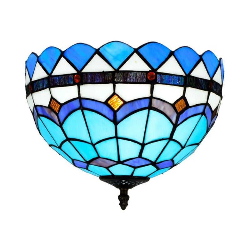 Blue 2/3 Bulbs Ceiling Mount Light Fixture Mediterranean Hand Rolled Art Glass Bowl Flush Mount Lighting, 12"/16" W Clearhalo 'Ceiling Lights' 'Close To Ceiling Lights' 'Close to ceiling' 'Flush mount' Lighting' 296357