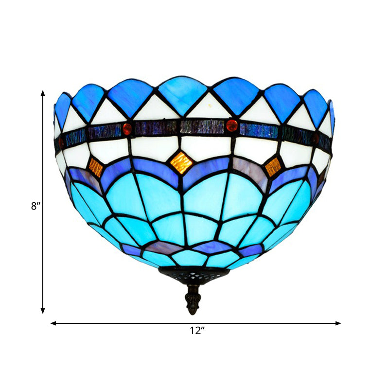 Blue 2/3 Bulbs Ceiling Mount Light Fixture Mediterranean Hand Rolled Art Glass Bowl Flush Mount Lighting, 12"/16" W Clearhalo 'Ceiling Lights' 'Close To Ceiling Lights' 'Close to ceiling' 'Flush mount' Lighting' 296358