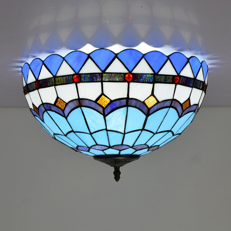 Blue 2/3 Bulbs Ceiling Mount Light Fixture Mediterranean Hand Rolled Art Glass Bowl Flush Mount Lighting, 12"/16" W Clearhalo 'Ceiling Lights' 'Close To Ceiling Lights' 'Close to ceiling' 'Flush mount' Lighting' 296360