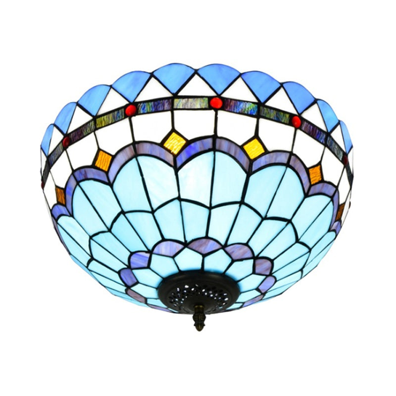 Blue 2/3 Bulbs Ceiling Mount Light Fixture Mediterranean Hand Rolled Art Glass Bowl Flush Mount Lighting, 12"/16" W Clearhalo 'Ceiling Lights' 'Close To Ceiling Lights' 'Close to ceiling' 'Flush mount' Lighting' 296361