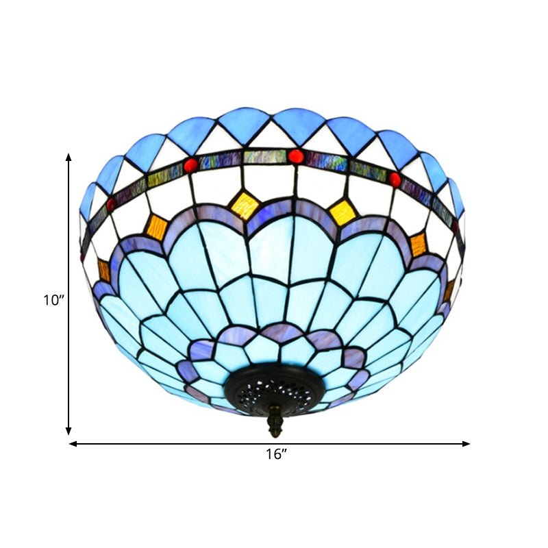 Blue 2/3 Bulbs Ceiling Mount Light Fixture Mediterranean Hand Rolled Art Glass Bowl Flush Mount Lighting, 12"/16" W Clearhalo 'Ceiling Lights' 'Close To Ceiling Lights' 'Close to ceiling' 'Flush mount' Lighting' 296362